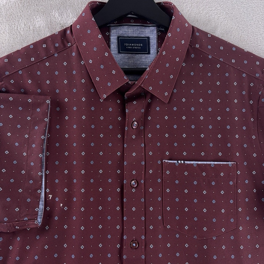 7‎ Diamonds 4 Way Stretch Button Shirt Mens Size Medium Burgundy Pattern